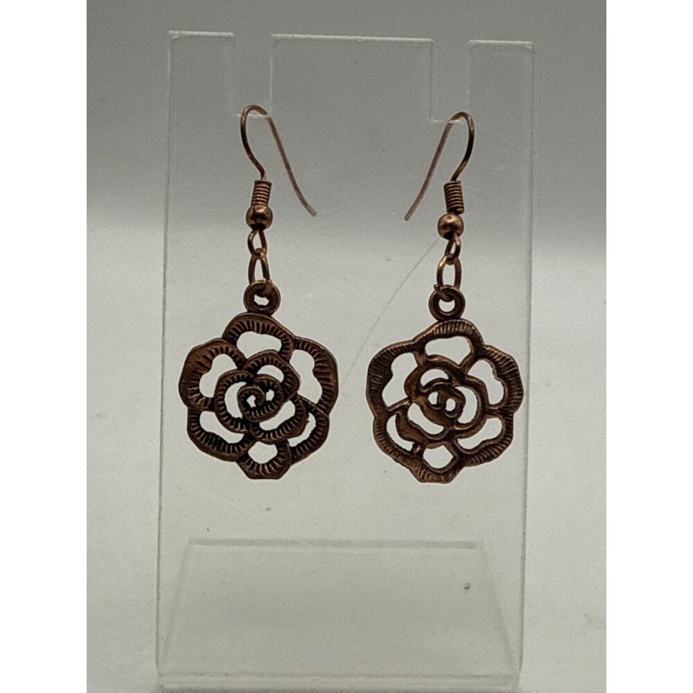Vintage-Inspired Copper Rose Dangle Drop Earrings Floral Design